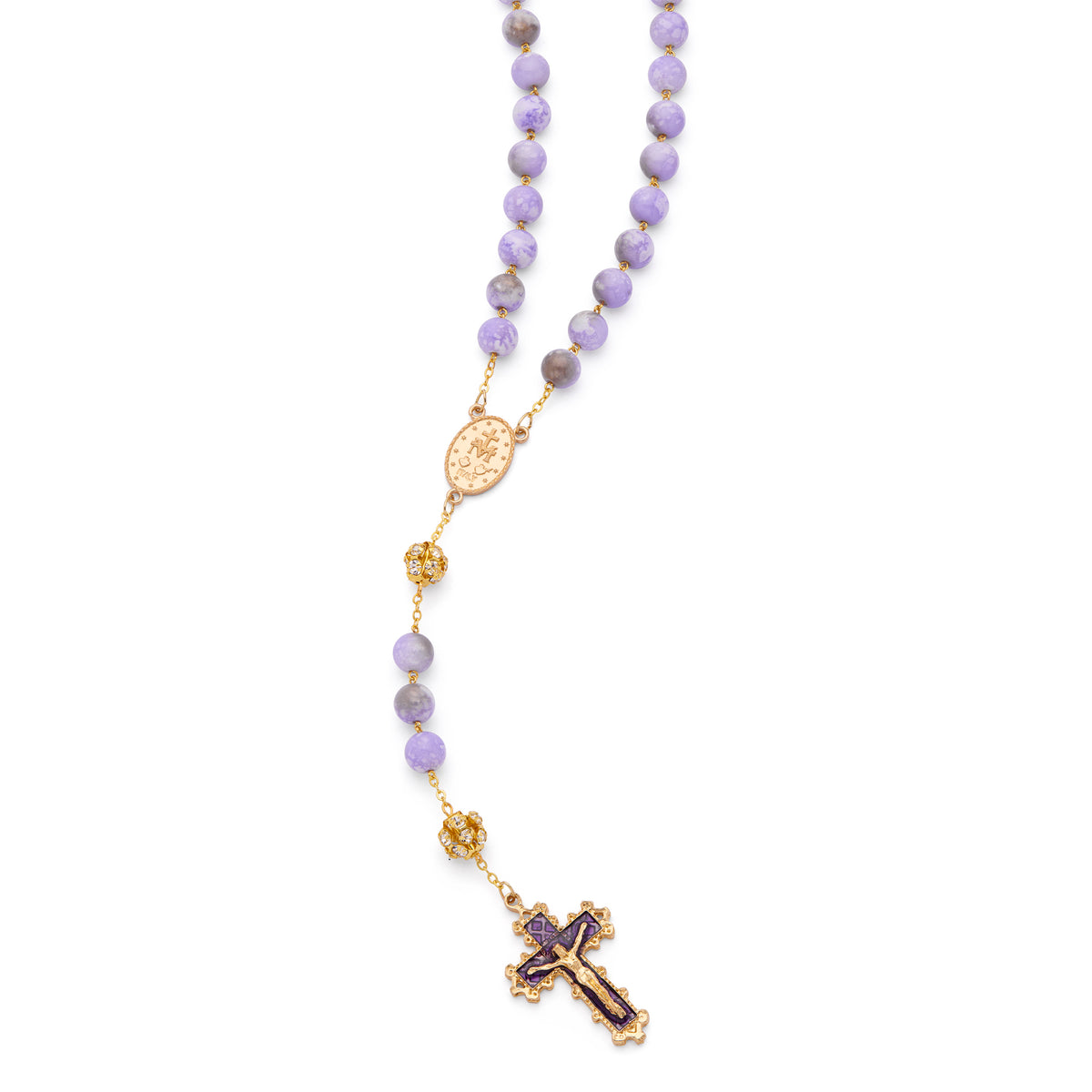 MONDO CATTOLICO ROMA Rosary 56 cm (22.05 in) / 74 cm (29.13 in) / 10 mm (0.39 in) Gold-Tone Metal Rosary with Light Purple Marble Effect Beads and Rhinestone Beads