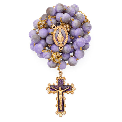 MONDO CATTOLICO ROMA Rosary 56 cm (22.05 in) / 74 cm (29.13 in) / 10 mm (0.39 in) Gold-Tone Metal Rosary with Light Purple Marble Effect Beads and Rhinestone Beads