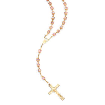 MONDO CATTOLICO ROMA Rosary 52 cm (20.47 in) / 72 cm (28.35 in) / 8 mm (0.31 in) Gold-Tone Metal Rosary with Pink Faceted Crystal Beads