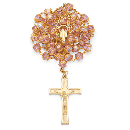 MONDO CATTOLICO ROMA Rosary 52 cm (20.47 in) / 72 cm (28.35 in) / 8 mm (0.31 in) Gold-Tone Metal Rosary with Pink Faceted Crystal Beads