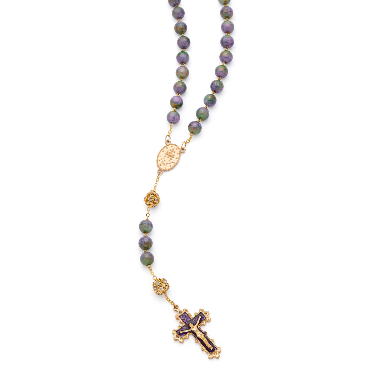 MONDO CATTOLICO ROMA Rosary 56 cm (22.05 in) / 74 cm (29.13 in) / 10 mm (0.39 in) Gold-Tone Metal Rosary with Purple and Green Marble Effect Beads and Rhinestone Beads