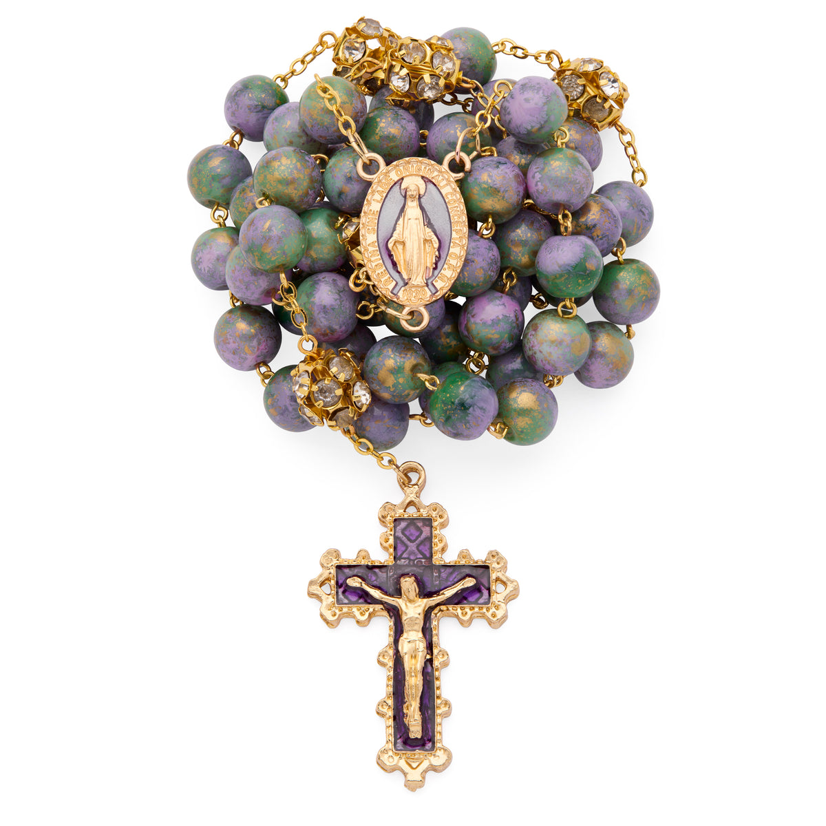 MONDO CATTOLICO ROMA Rosary 56 cm (22.05 in) / 74 cm (29.13 in) / 10 mm (0.39 in) Gold-Tone Metal Rosary with Purple and Green Marble Effect Beads and Rhinestone Beads