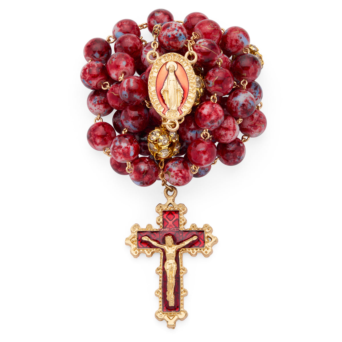 MONDO CATTOLICO ROMA Rosary 56 cm (22.05 in) / 74 cm (29.13 in) / 10 mm (0.39 in) Gold-Tone Metal Rosary with Red and Blue Marble Effect Beads and Rhinestone Beads