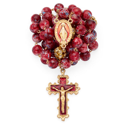 MONDO CATTOLICO ROMA Rosary 56 cm (22.05 in) / 74 cm (29.13 in) / 10 mm (0.39 in) Gold-Tone Metal Rosary with Red and Blue Marble Effect Beads and Rhinestone Beads