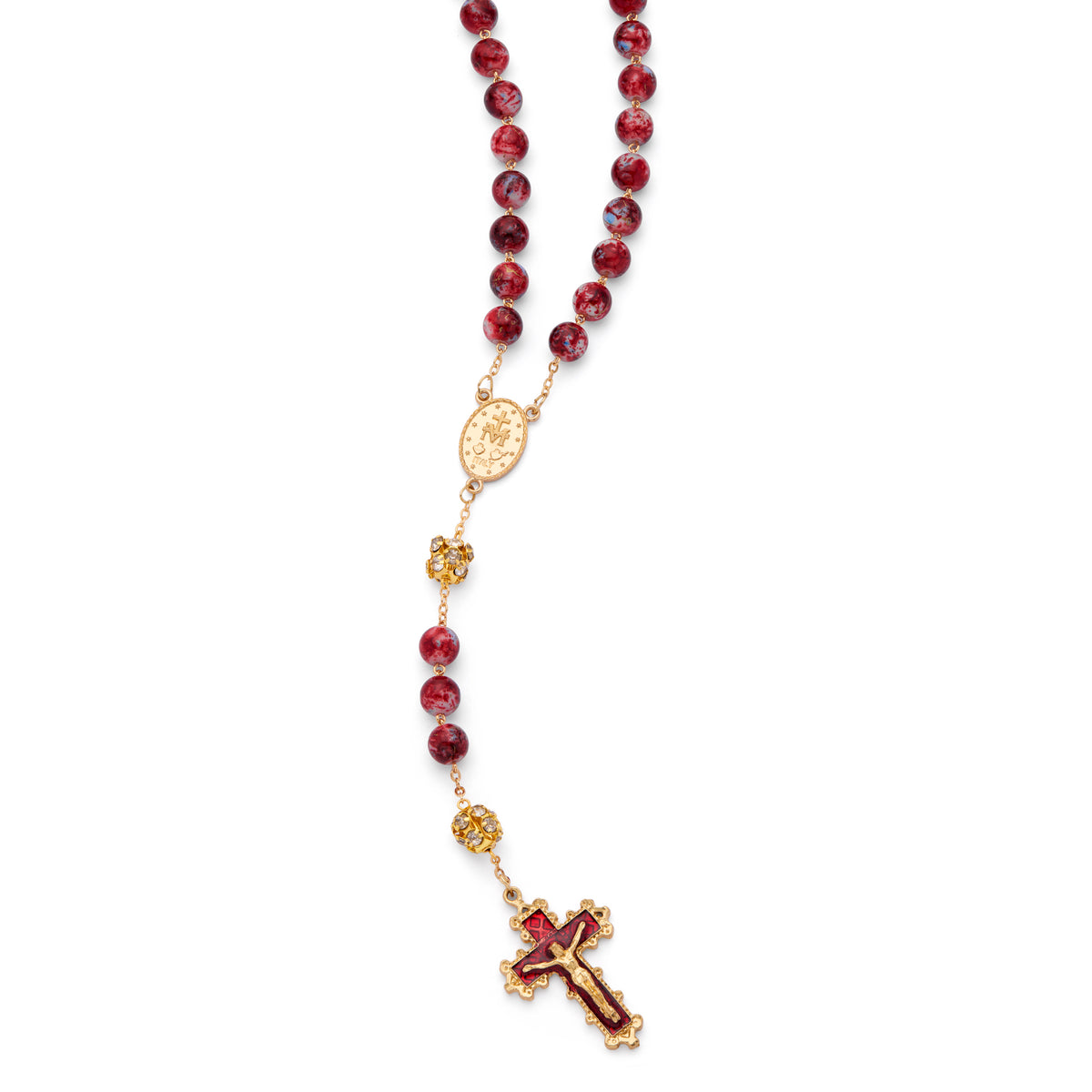 MONDO CATTOLICO ROMA Rosary 56 cm (22.05 in) / 74 cm (29.13 in) / 10 mm (0.39 in) Gold-Tone Metal Rosary with Red and Blue Marble Effect Beads and Rhinestone Beads