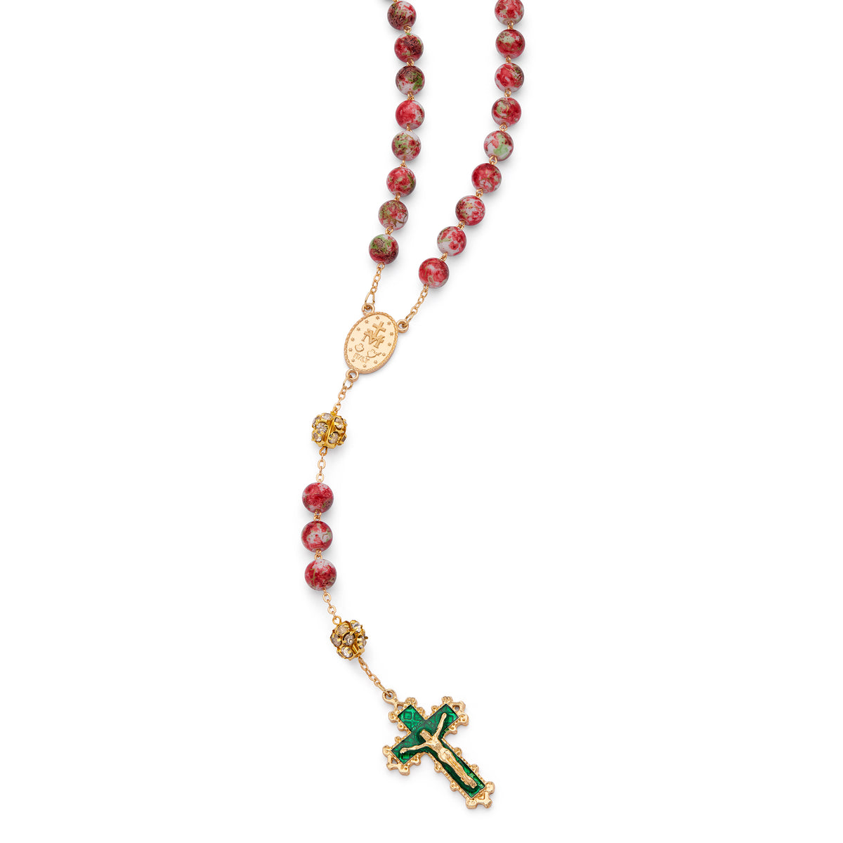 MONDO CATTOLICO ROMA Rosary 56 cm (22.05 in) / 74 cm (29.13 in) / 10 mm (0.39 in) Gold-Tone Metal Rosary with Red and Green Marble Effect Beads and Rhinestone Beads