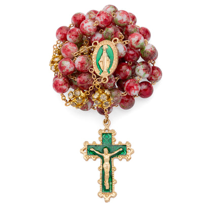 MONDO CATTOLICO ROMA Rosary 56 cm (22.05 in) / 74 cm (29.13 in) / 10 mm (0.39 in) Gold-Tone Metal Rosary with Red and Green Marble Effect Beads and Rhinestone Beads