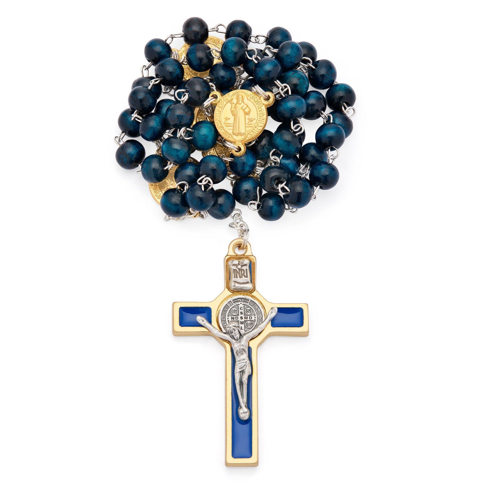 MONDO CATTOLICO ROMA Prayer Beads 48 cm (18.90 in) / 64 cm (25.20 in) / 6 mm (0.24 in) Gold-Tone Metal Saint Benedict Rosary with Blue Wood Beads and Enameled Crucifix