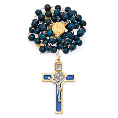 MONDO CATTOLICO ROMA Prayer Beads 48 cm (18.90 in) / 64 cm (25.20 in) / 6 mm (0.24 in) Gold-Tone Metal Saint Benedict Rosary with Blue Wood Beads and Enameled Crucifix