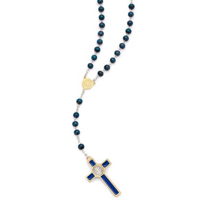 MONDO CATTOLICO ROMA Prayer Beads 48 cm (18.90 in) / 64 cm (25.20 in) / 6 mm (0.24 in) Gold-Tone Metal Saint Benedict Rosary with Blue Wood Beads and Enameled Crucifix