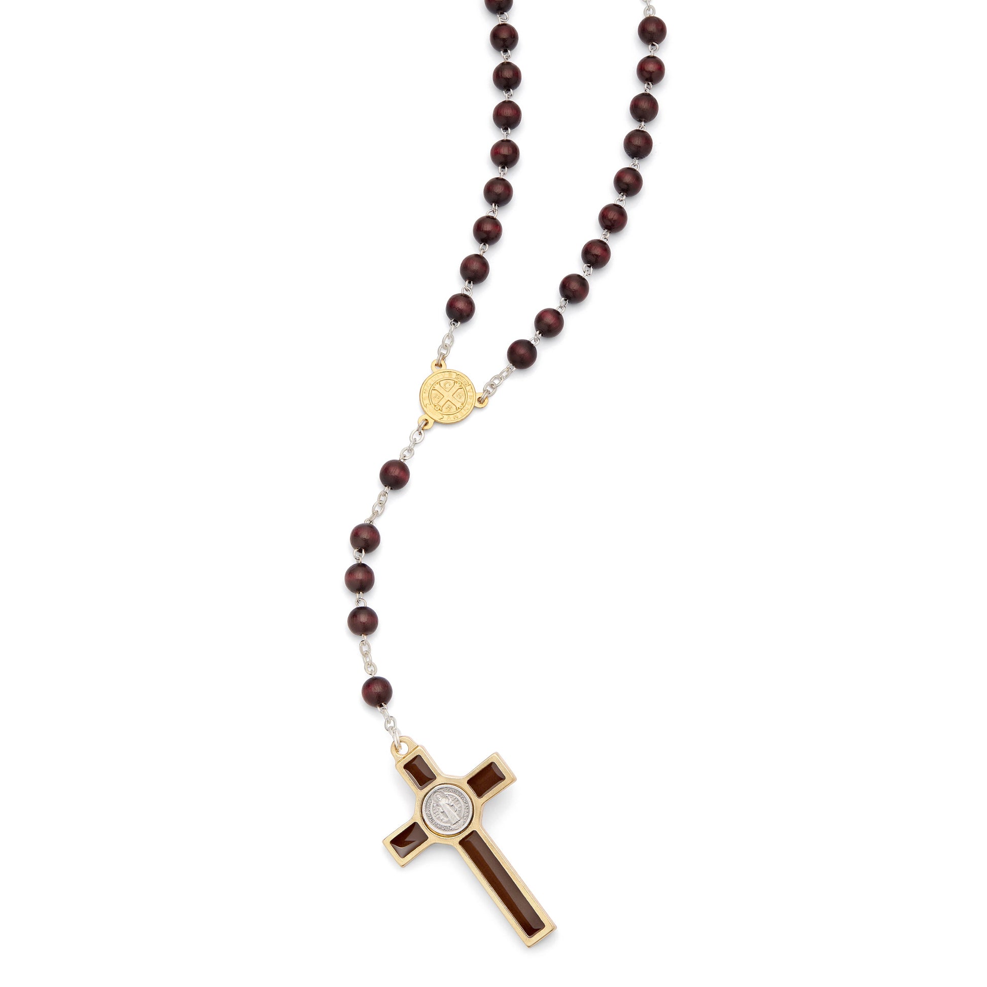 MONDO CATTOLICO ROMA Prayer Beads 48 cm (18.90 in) / 64 cm (25.20 in) / 6 mm (0.24 in) Gold-Tone Metal Saint Benedict Rosary with Dark Brown Wood Beads and Enameled Crucifix