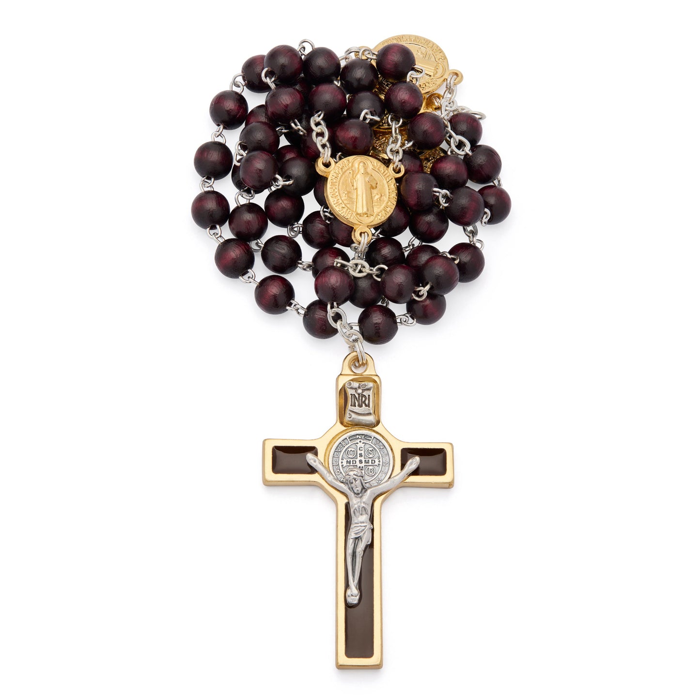 MONDO CATTOLICO ROMA Prayer Beads 48 cm (18.90 in) / 64 cm (25.20 in) / 6 mm (0.24 in) Gold-Tone Metal Saint Benedict Rosary with Dark Brown Wood Beads and Enameled Crucifix