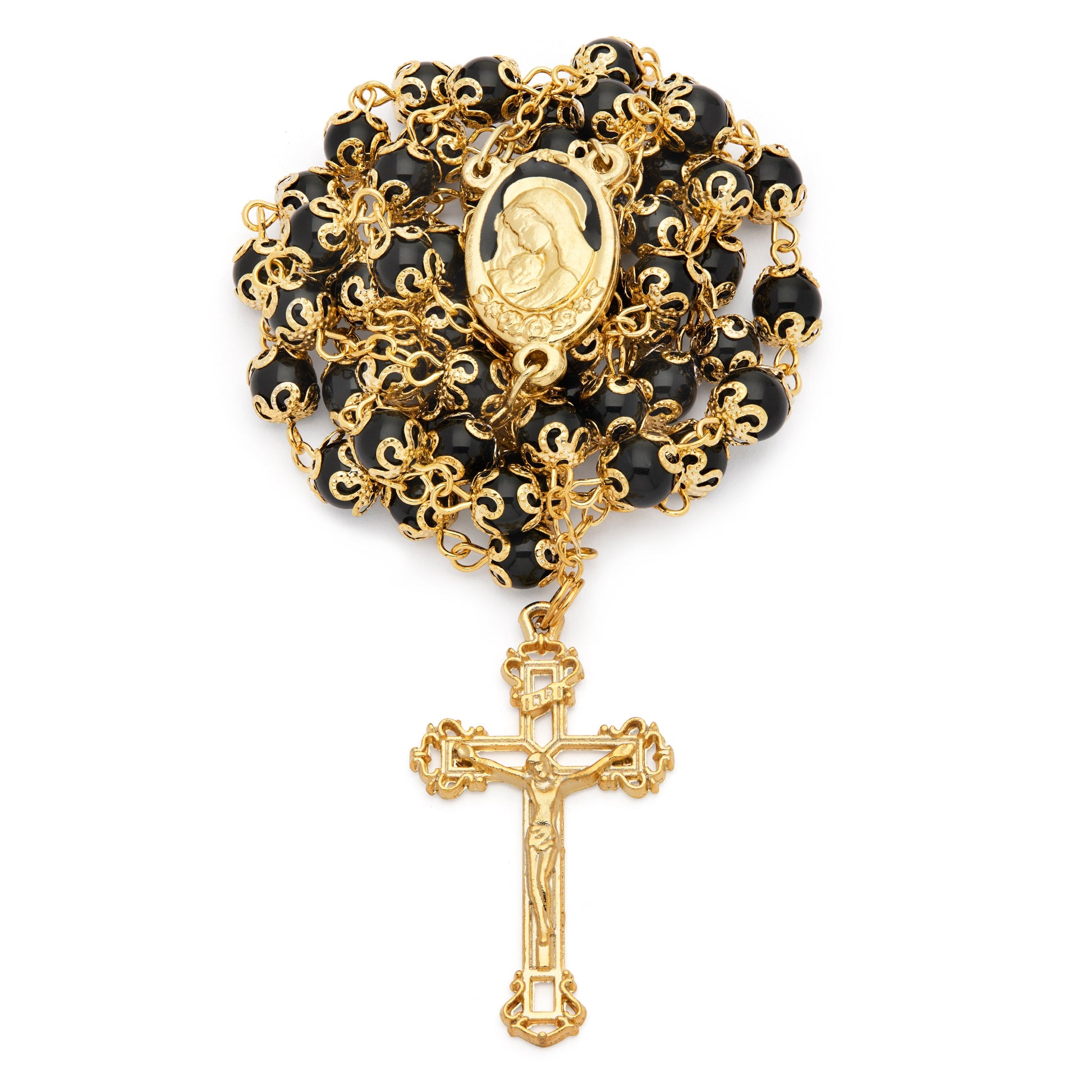 MONDO CATTOLICO ROMA Rosary 56 cm (22.05 in) / 78 cm (30.71 in) / 6 mm (0.24 in) Gold-Tone Metal Virgin Mary and Child Rosary with Black Crystal Beads