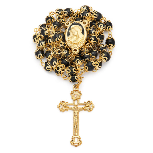 MONDO CATTOLICO ROMA Rosary 56 cm (22.05 in) / 78 cm (30.71 in) / 6 mm (0.24 in) Gold-Tone Metal Virgin Mary and Child Rosary with Black Crystal Beads