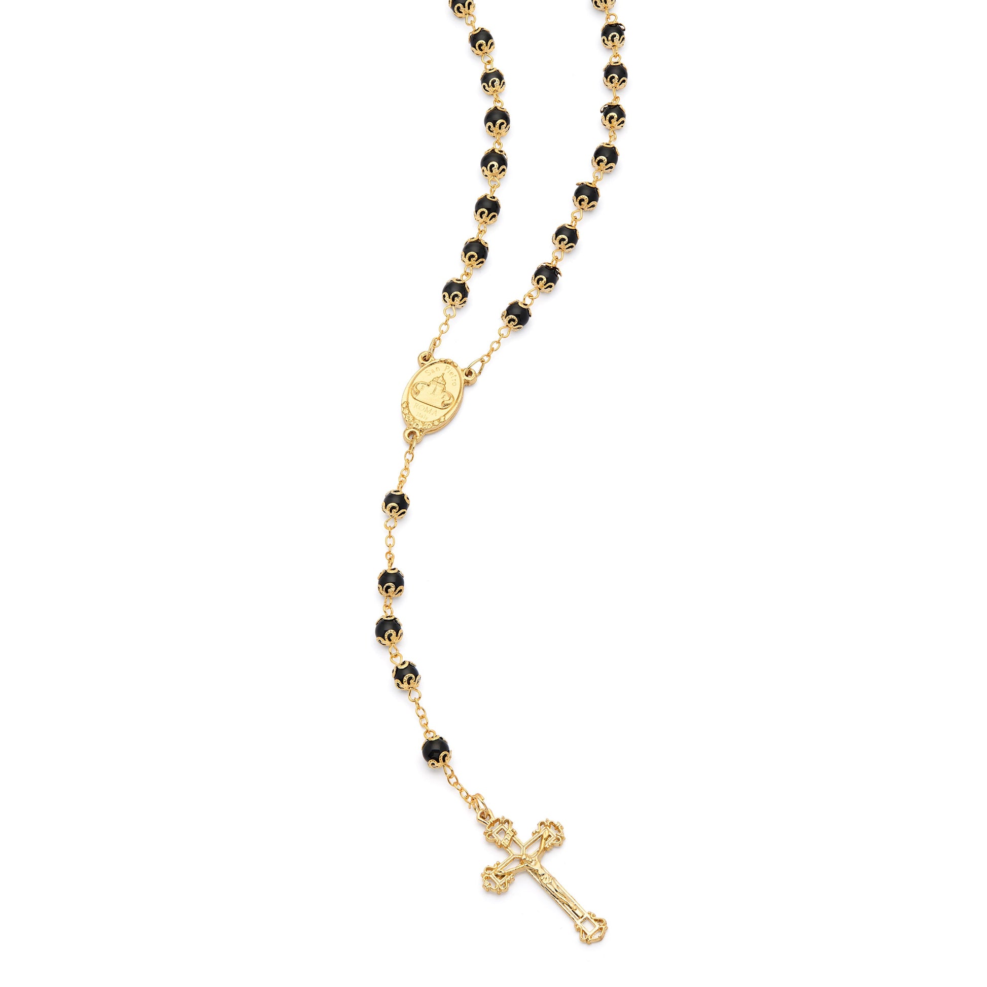 MONDO CATTOLICO ROMA Rosary 56 cm (22.05 in) / 78 cm (30.71 in) / 6 mm (0.24 in) Gold-Tone Metal Virgin Mary and Child Rosary with Black Crystal Beads