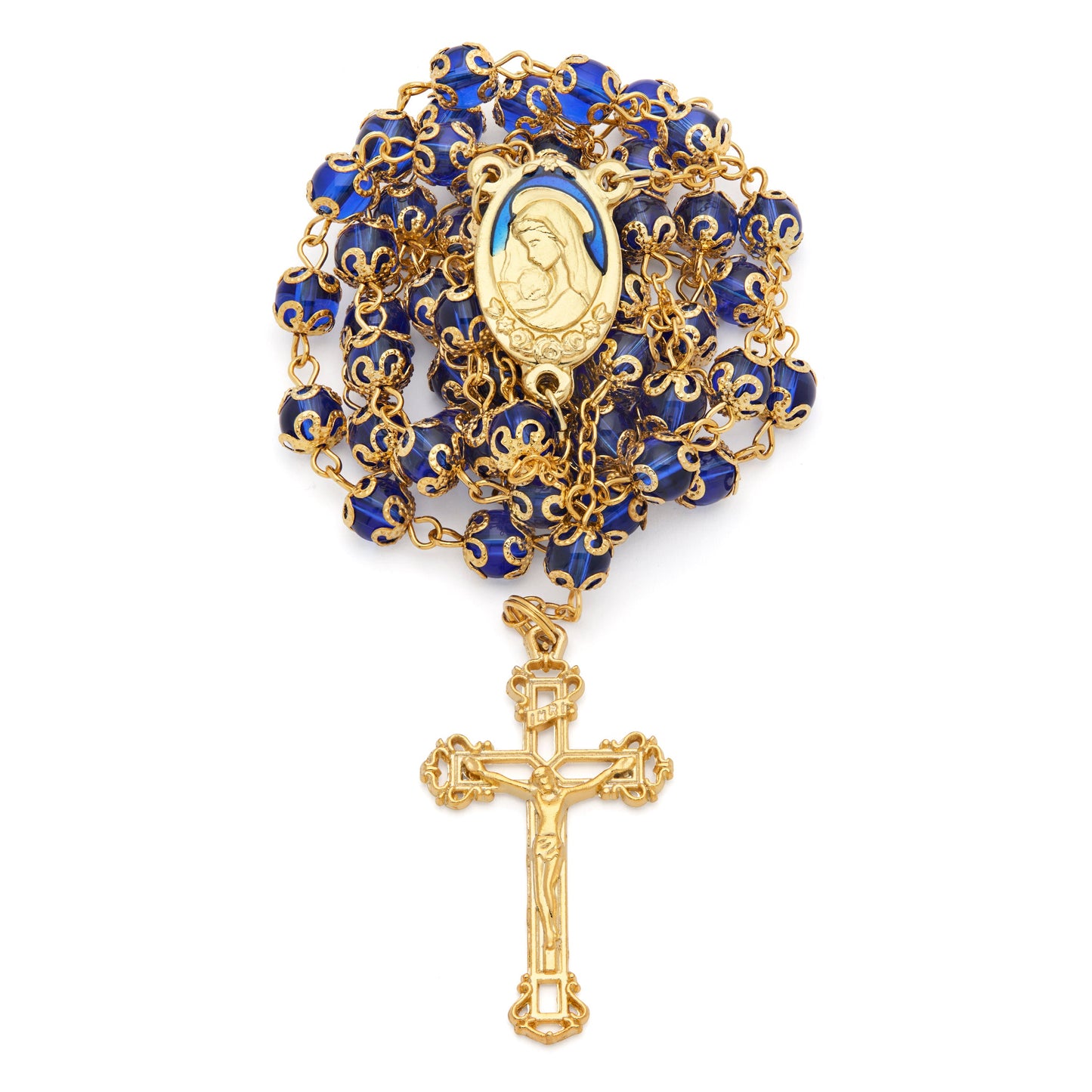 MONDO CATTOLICO ROMA Rosary 56 cm (22.05 in) / 78 cm (30.71 in) / 6 mm (0.24 in) Gold-Tone Metal Virgin Mary and Child Rosary with Blue Crystals