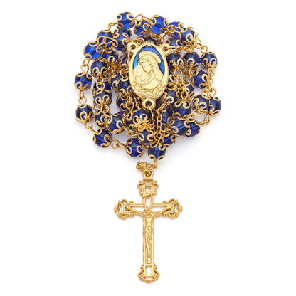 MONDO CATTOLICO ROMA Rosary 56 cm (22.05 in) / 78 cm (30.71 in) / 6 mm (0.24 in) Gold-Tone Metal Virgin Mary and Child Rosary with Blue Crystals