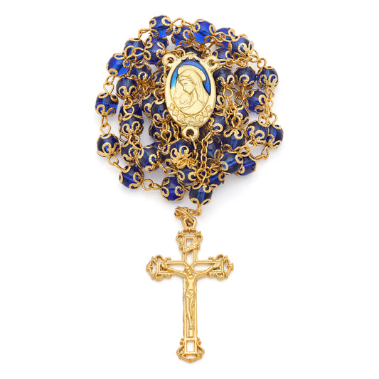 MONDO CATTOLICO ROMA Rosary 56 cm (22.05 in) / 78 cm (30.71 in) / 6 mm (0.24 in) Gold-Tone Metal Virgin Mary and Child Rosary with Blue Crystals