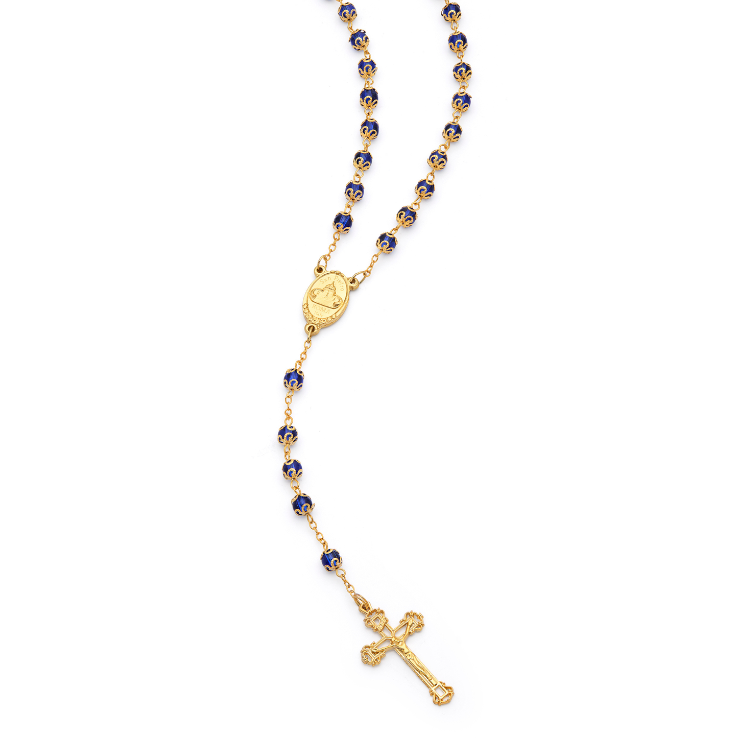 MONDO CATTOLICO ROMA Rosary 56 cm (22.05 in) / 78 cm (30.71 in) / 6 mm (0.24 in) Gold-Tone Metal Virgin Mary and Child Rosary with Blue Crystals