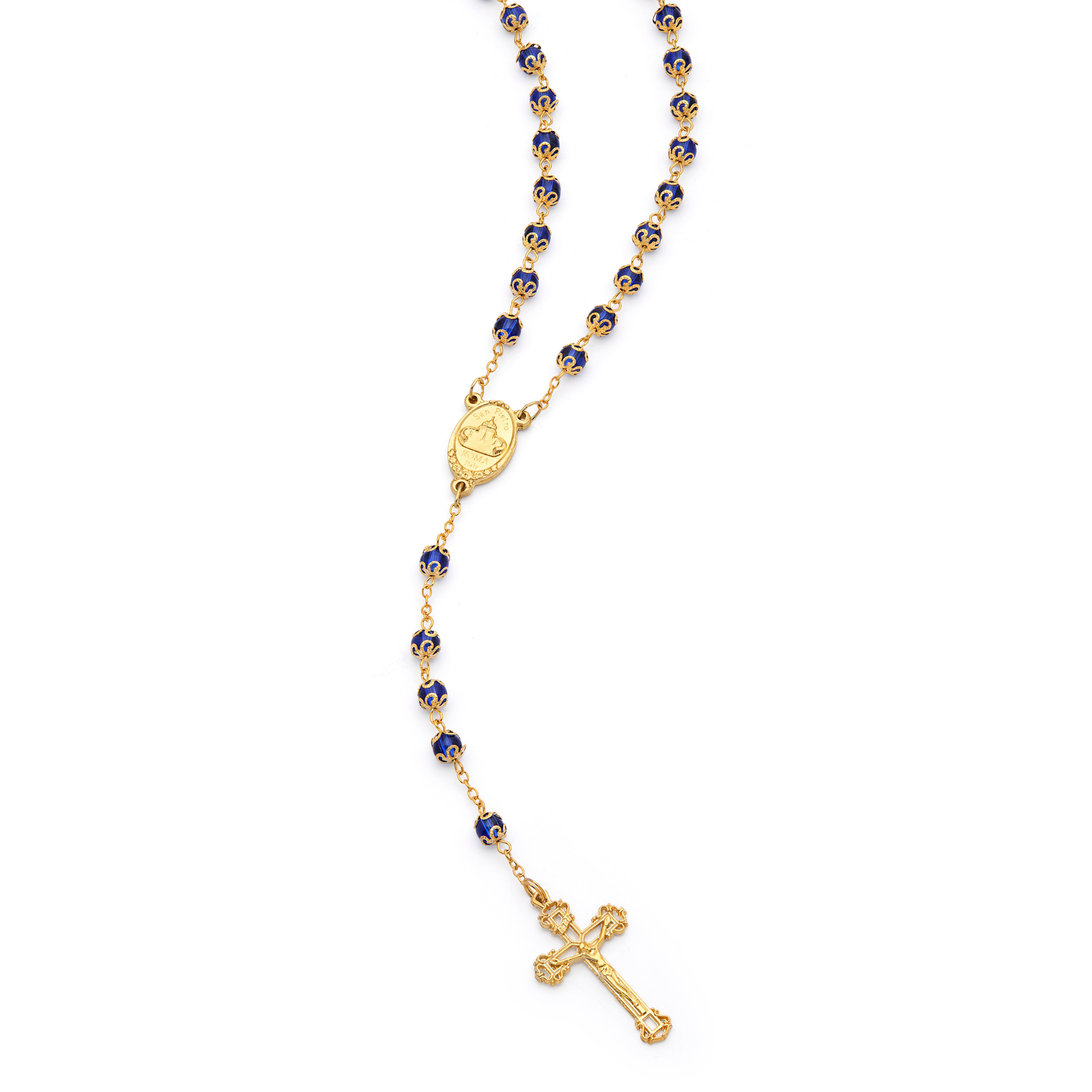 MONDO CATTOLICO ROMA Rosary 56 cm (22.05 in) / 78 cm (30.71 in) / 6 mm (0.24 in) Gold-Tone Metal Virgin Mary and Child Rosary with Blue Crystals