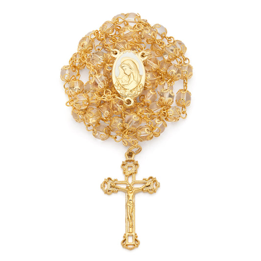 MONDO CATTOLICO ROMA Rosary 56 cm (22.05 in) / 78 cm (30.71 in) / 6 mm (0.24 in) Gold-Tone Metal Virgin Mary and Child Rosary with Clear Crystal Beads