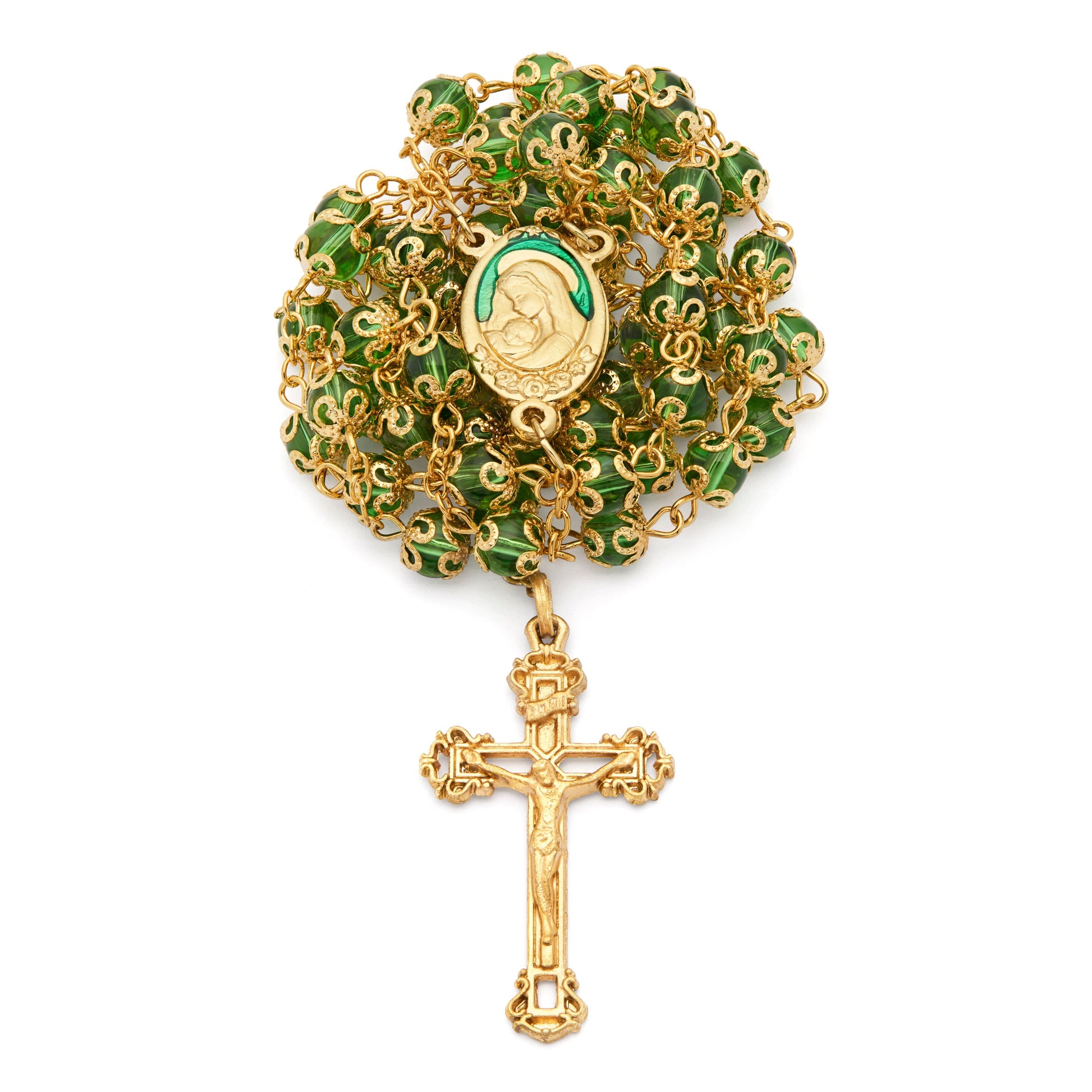 MONDO CATTOLICO ROMA Rosary 56 cm (22.05 in) / 78 cm (30.71 in) / 6 mm (0.24 in) Gold-Tone Metal Virgin Mary and Child Rosary with Emerald Green Crystal Beads