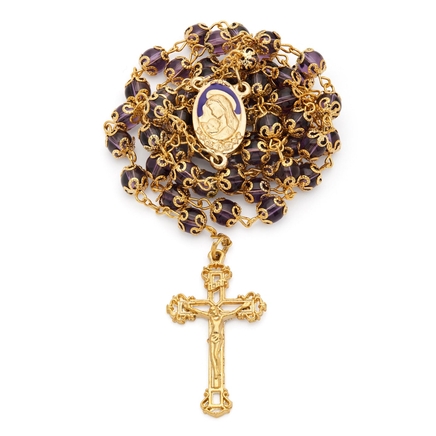 MONDO CATTOLICO ROMA Rosary 56 cm (22.05 in) / 78 cm (30.71 in) / 6 mm (0.24 in) Gold-Tone Metal Virgin Mary and Child Rosary with Purple Crystal Beads