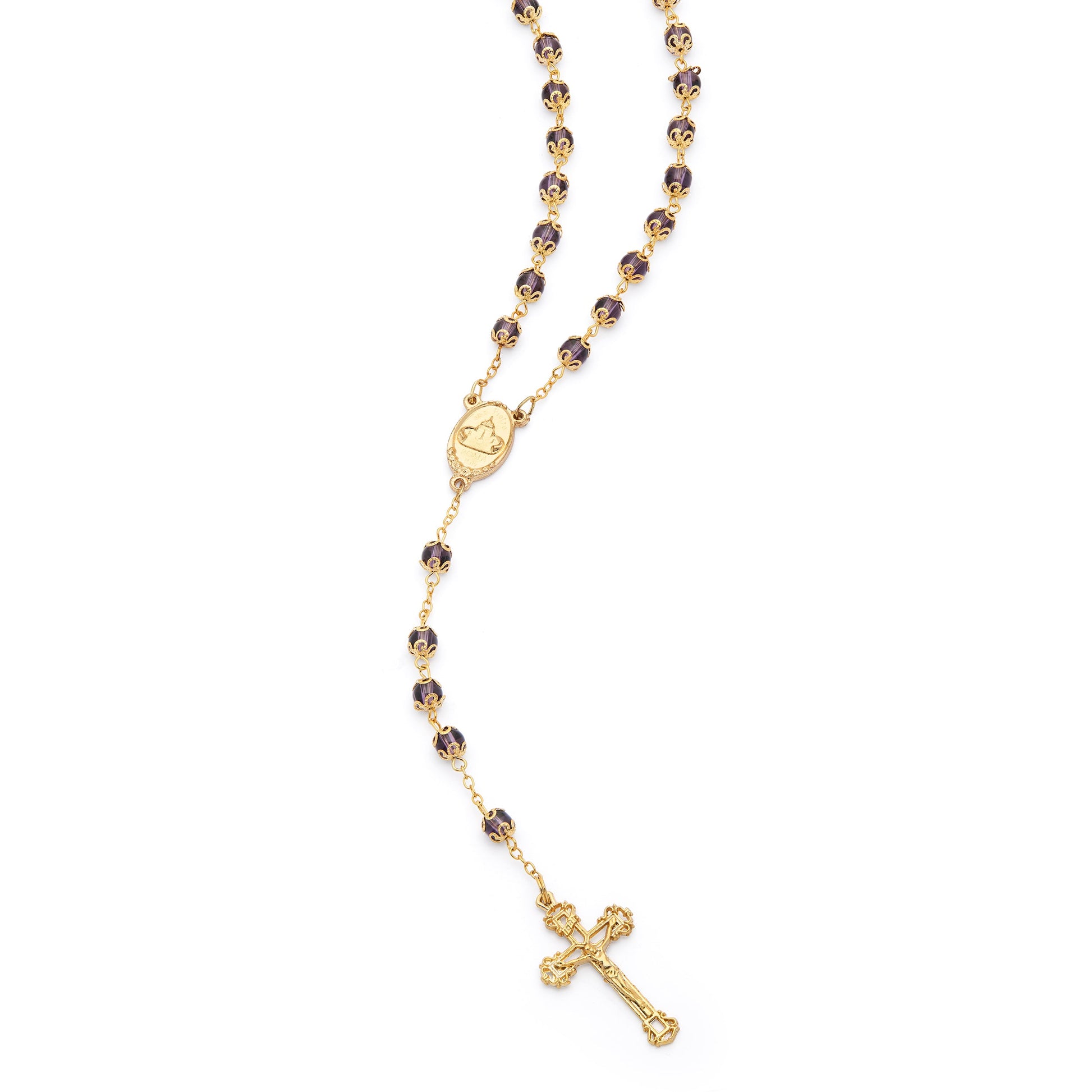 MONDO CATTOLICO ROMA Rosary 56 cm (22.05 in) / 78 cm (30.71 in) / 6 mm (0.24 in) Gold-Tone Metal Virgin Mary and Child Rosary with Purple Crystal Beads