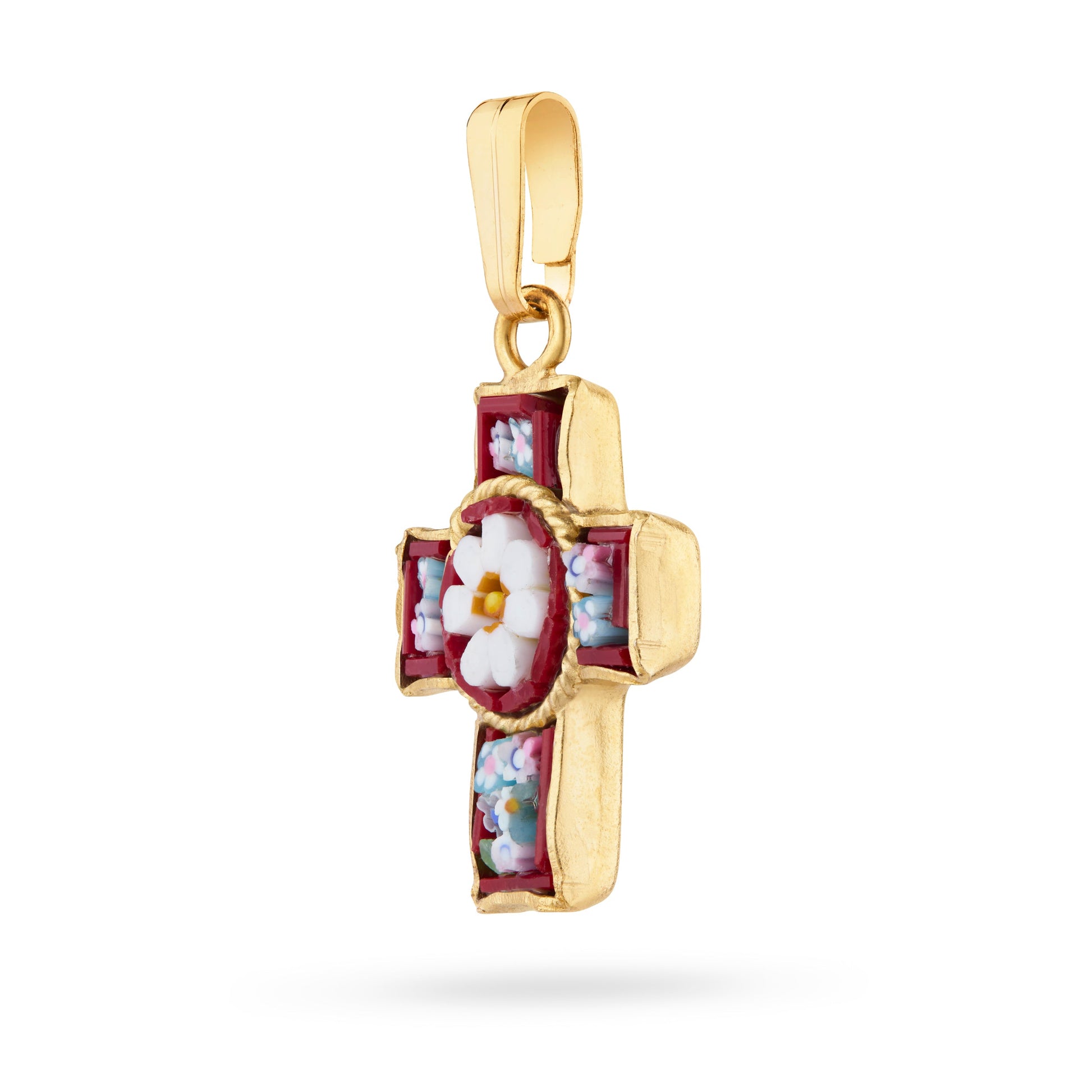 MONDO CATTOLICO ROMA 20 mm (0.79 in) Gold-tone Pewter Micromosaic Cross with Central Flower