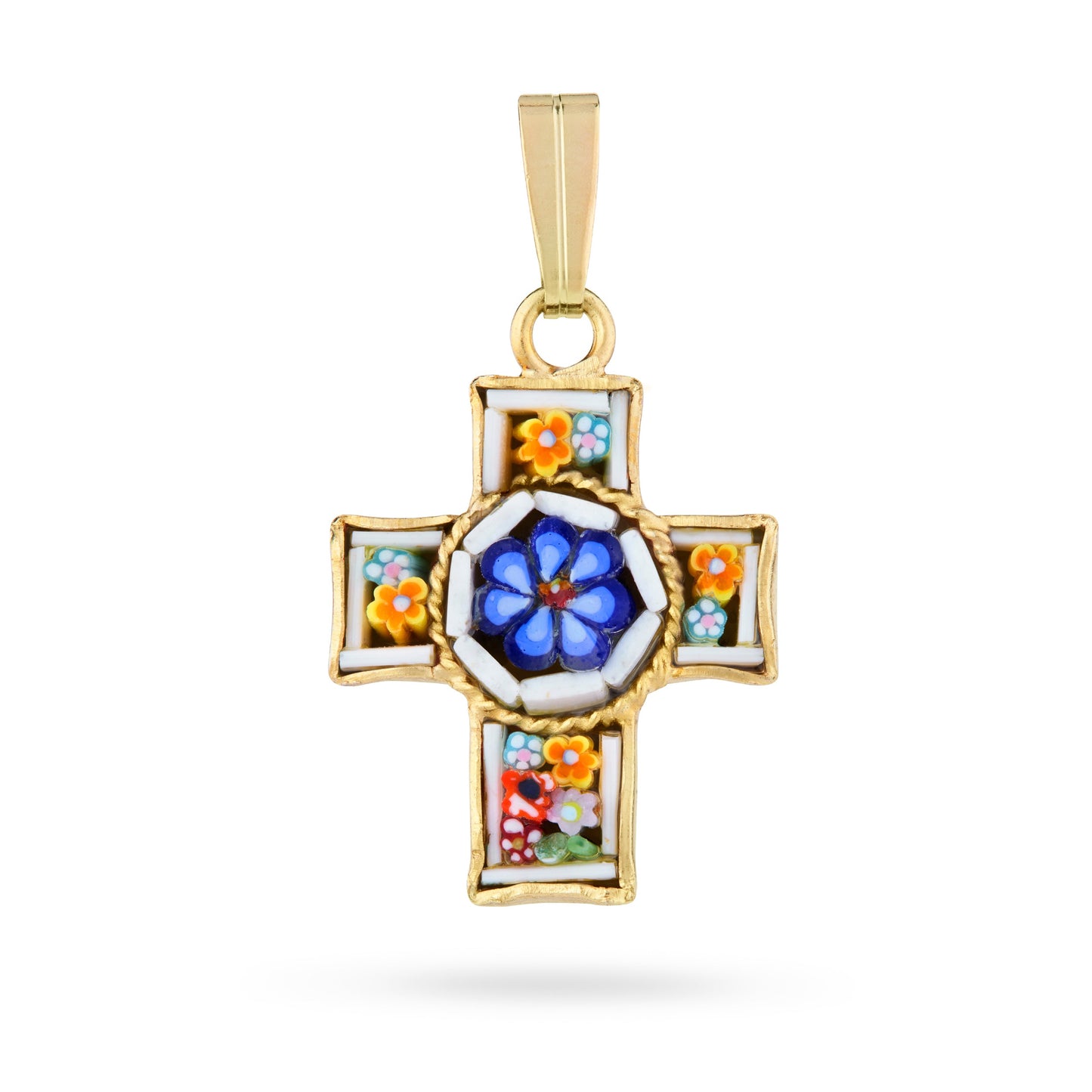 MONDO CATTOLICO ROMA 20 mm (0.79 in) Gold-tone Pewter Micromosaic Cross with Central Flower