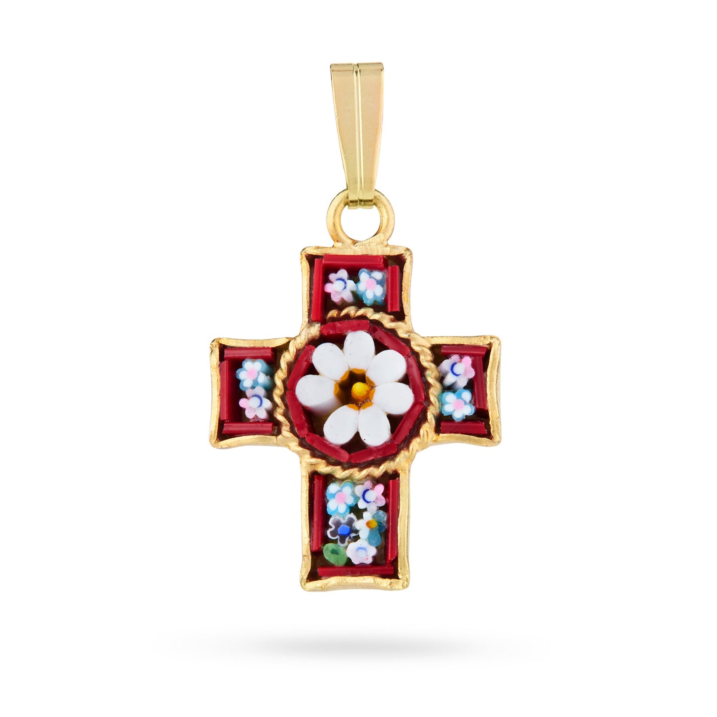 MONDO CATTOLICO ROMA 20 mm (0.79 in) Gold-tone Pewter Micromosaic Cross with Central Flower