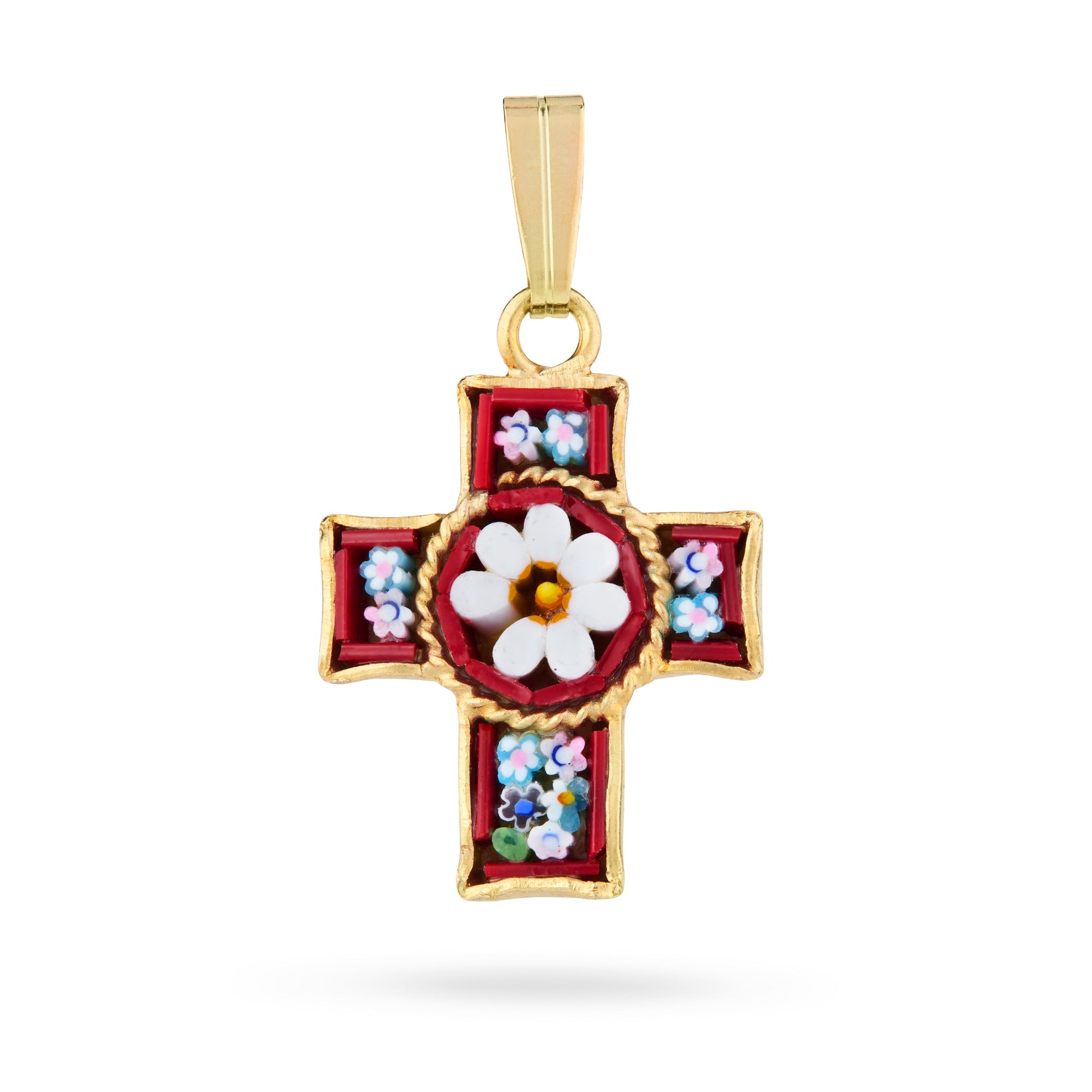 MONDO CATTOLICO ROMA 20 mm (0.79 in) Gold-tone Pewter Micromosaic Cross with Central Flower