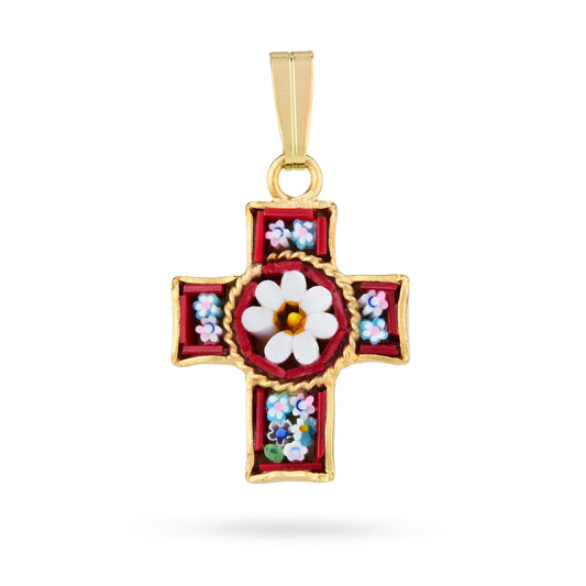 MONDO CATTOLICO ROMA 20 mm (0.79 in) Gold-tone Pewter Micromosaic Cross with Central Flower