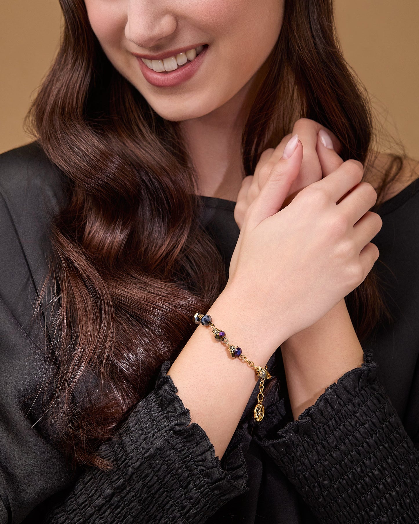 MONDO CATTOLICO ROMA Bracelet 22 cm (8.66 in) / 7 mm (0.28 in) Gold-tone Rosary Bracelet with Balloon-shaped Black Crystal Beads