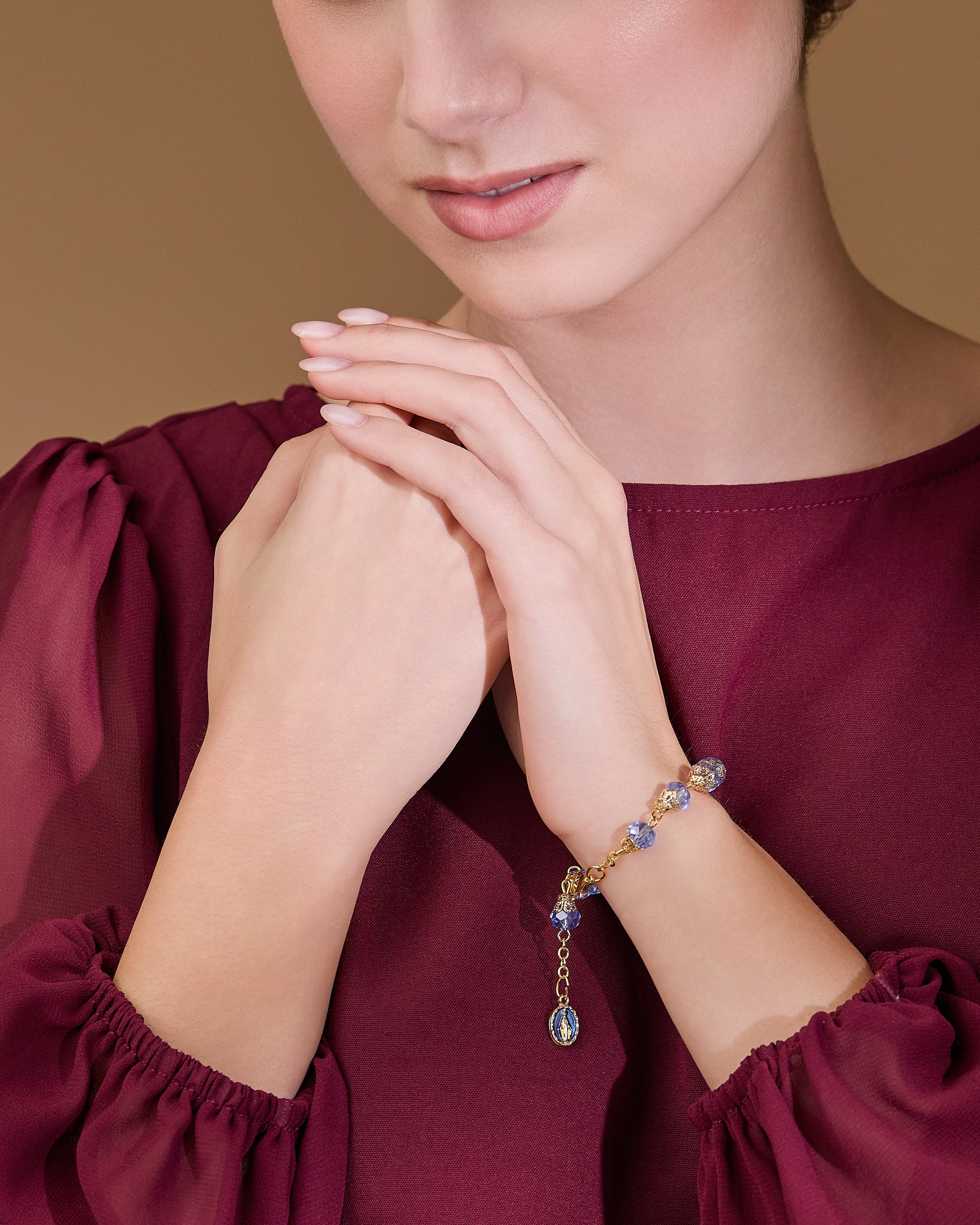 MONDO CATTOLICO ROMA Bracelet 22 cm (8.66 in) / 7 mm (0.28 in) Gold-tone Rosary Bracelet with Balloon-shaped Light Blue Crystal Beads