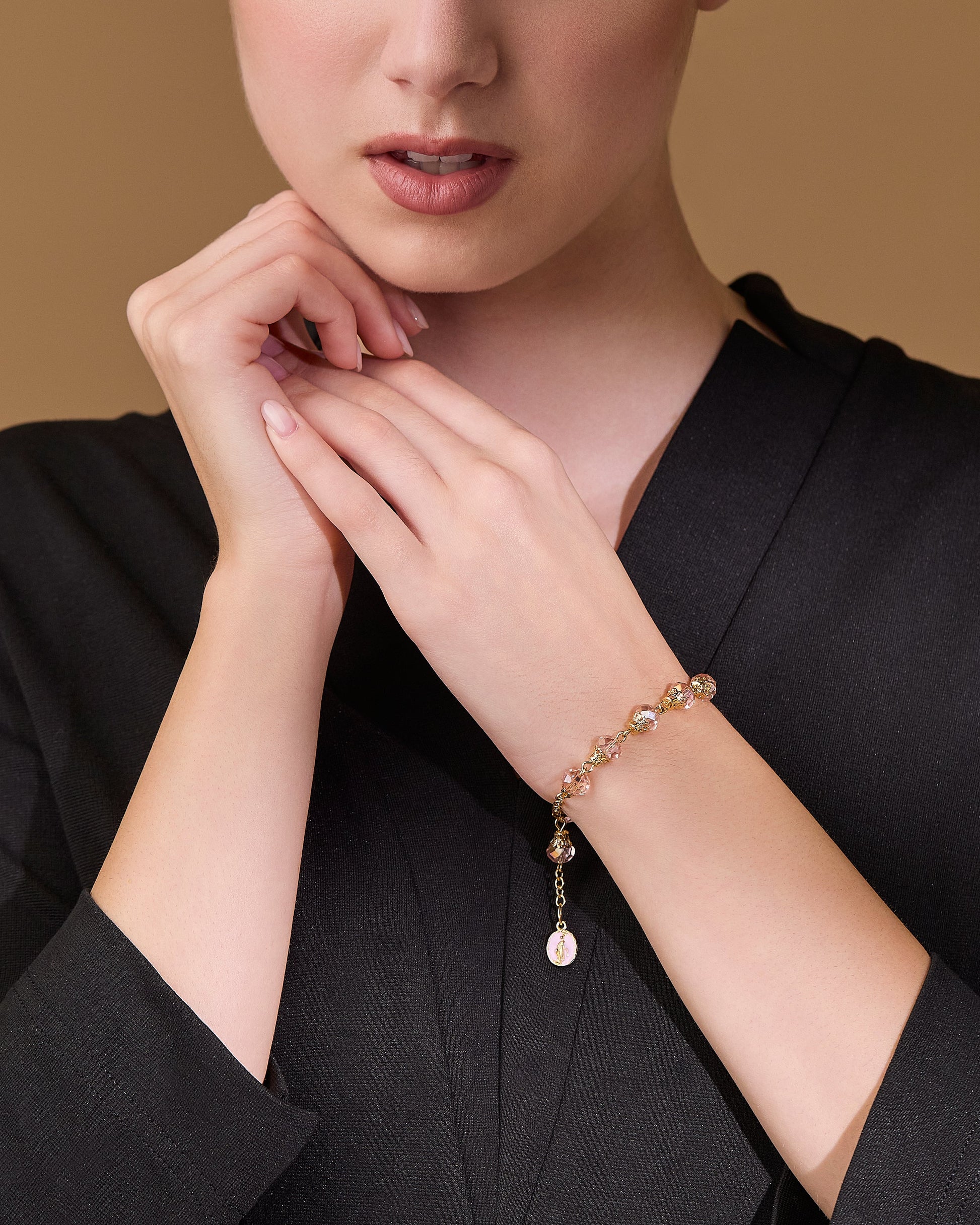 MONDO CATTOLICO ROMA Bracelet 22 cm (8.66 in) / 7 mm (0.28 in) Gold-tone Rosary Bracelet with Balloon-shaped Light Pink Crystal Beads