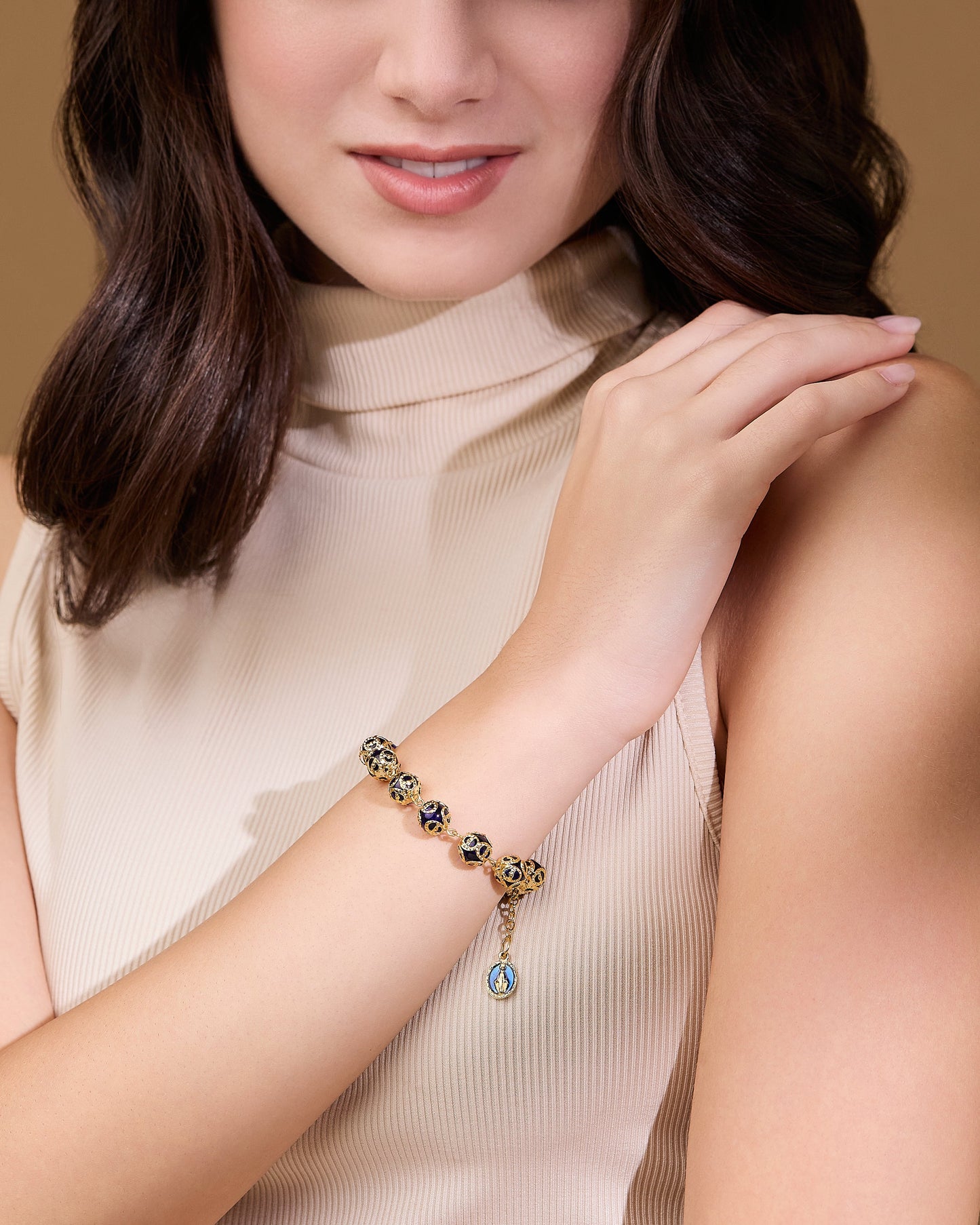 MONDO CATTOLICO ROMA Bracelet 21 cm (8.27 in) / 8 mm (0.31 in) Gold-tone Rosary Bracelet with Blue Crystal Beads and Bead Caps