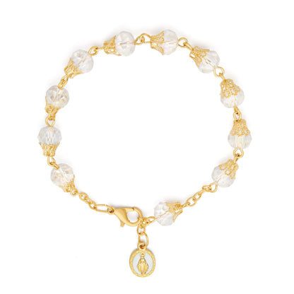 MONDO CATTOLICO ROMA Bracelet 22 cm (8.66 in) / 7 mm (0.28 in) Gold-tone Rosary Bracelet with Clear Crystal Beads and Balloon-shaped Bead Caps