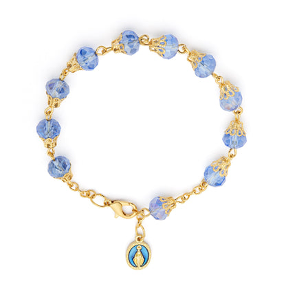 MONDO CATTOLICO ROMA Bracelet 22 cm (8.66 in) / 7 mm (0.28 in) Gold-tone Rosary Bracelet with Light Blue Crystal Beads and Balloon-shaped Bead Caps