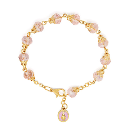 MONDO CATTOLICO ROMA Bracelet 22 cm (8.66 in) / 7 mm (0.28 in) Gold-tone Rosary Bracelet with Pink Crystal Beads and Balloon-shaped Bead Caps