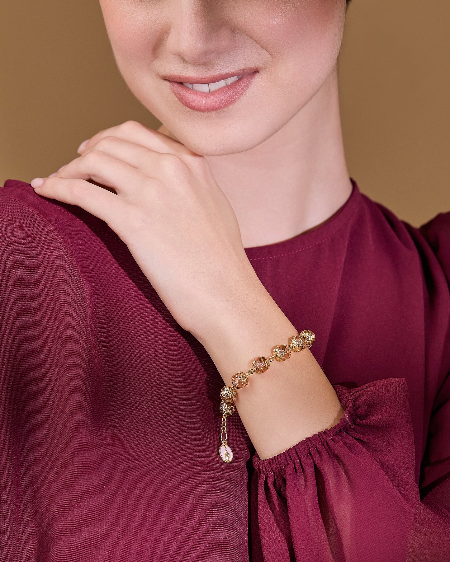 MONDO CATTOLICO ROMA Bracelet 21 cm (8.27 in) / 8 mm (0.31 in) Gold-tone Rosary Bracelet with Pink Crystal Beads and Filigree Bead Caps