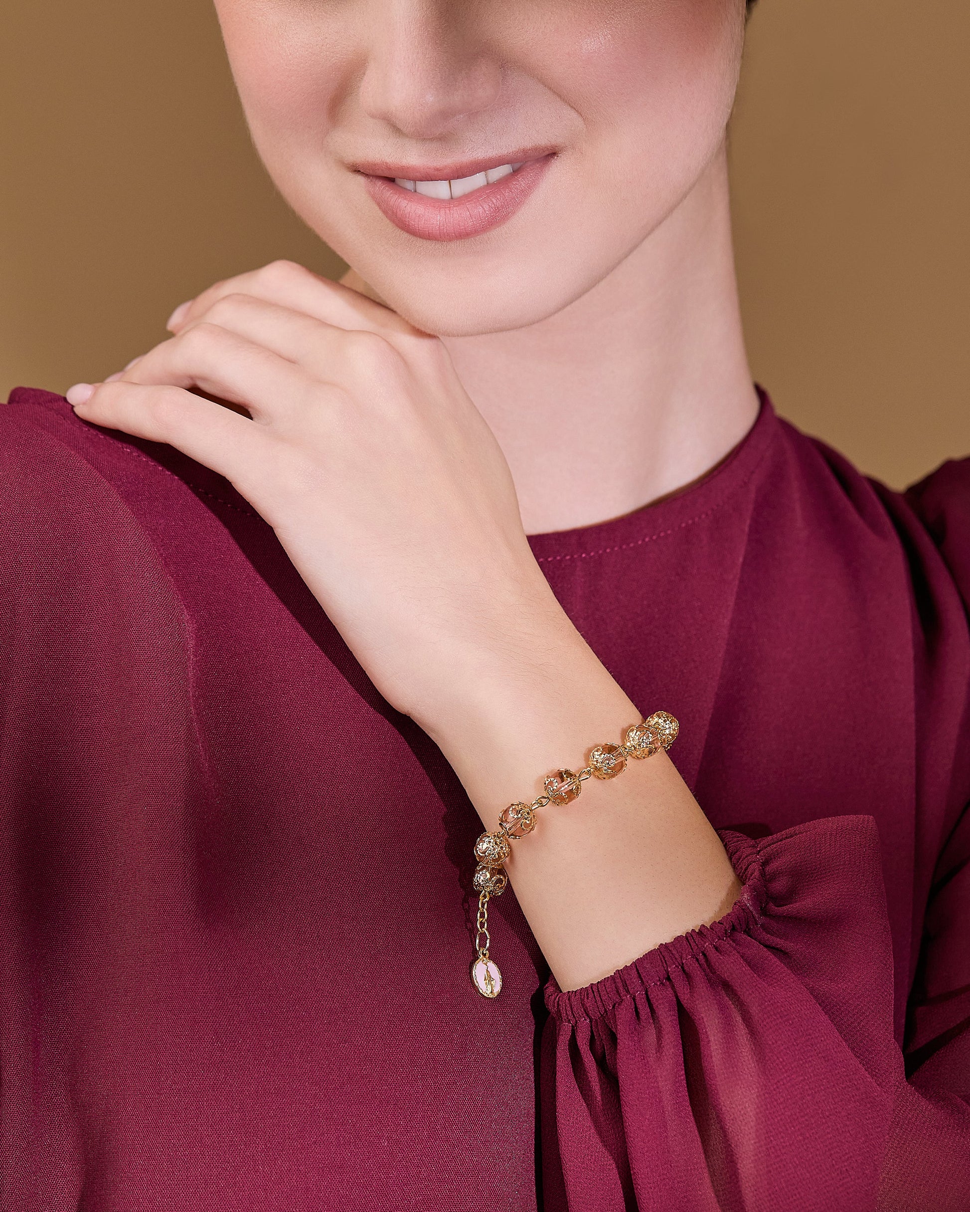 MONDO CATTOLICO ROMA Bracelet 21 cm (8.27 in) / 8 mm (0.31 in) Gold-tone Rosary Bracelet with Pink Crystal Beads and Filigree Bead Caps