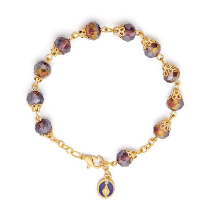 MONDO CATTOLICO ROMA Bracelet 22 cm (8.66 in) / 7 mm (0.28 in) Gold-tone Rosary Bracelet with Purple Crystal Beads and Balloon-shaped Bead Caps