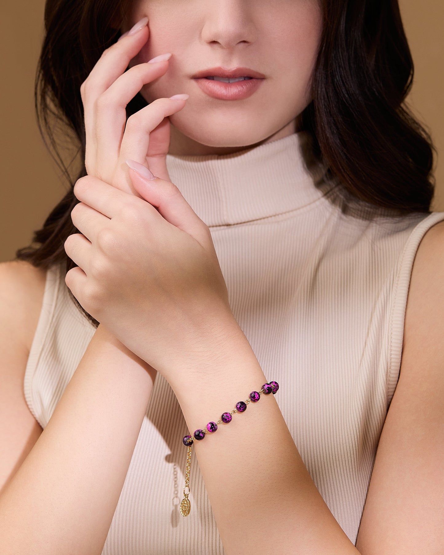 MONDO CATTOLICO ROMA Bracelet 20 cm (7.87 in) / 6 mm (0.24 in) Gold-tone Rosary Bracelet with Purple Variegated Beads