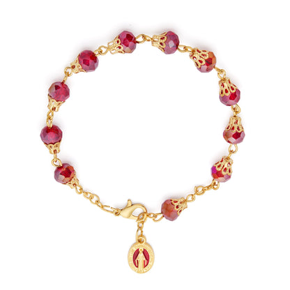 MONDO CATTOLICO ROMA Bracelet 22 cm (8.66 in) / 7 mm (0.28 in) Gold-tone Rosary Bracelet with Red Crystal Beads and Balloon-shaped Bead Caps