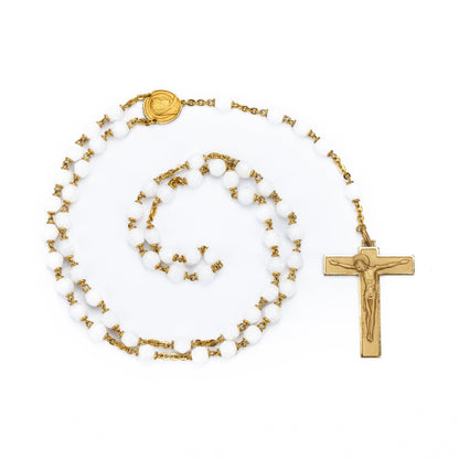 MONDO CATTOLICO Prayer Beads Golden Sterling Silver White Glass Pearl Rosary