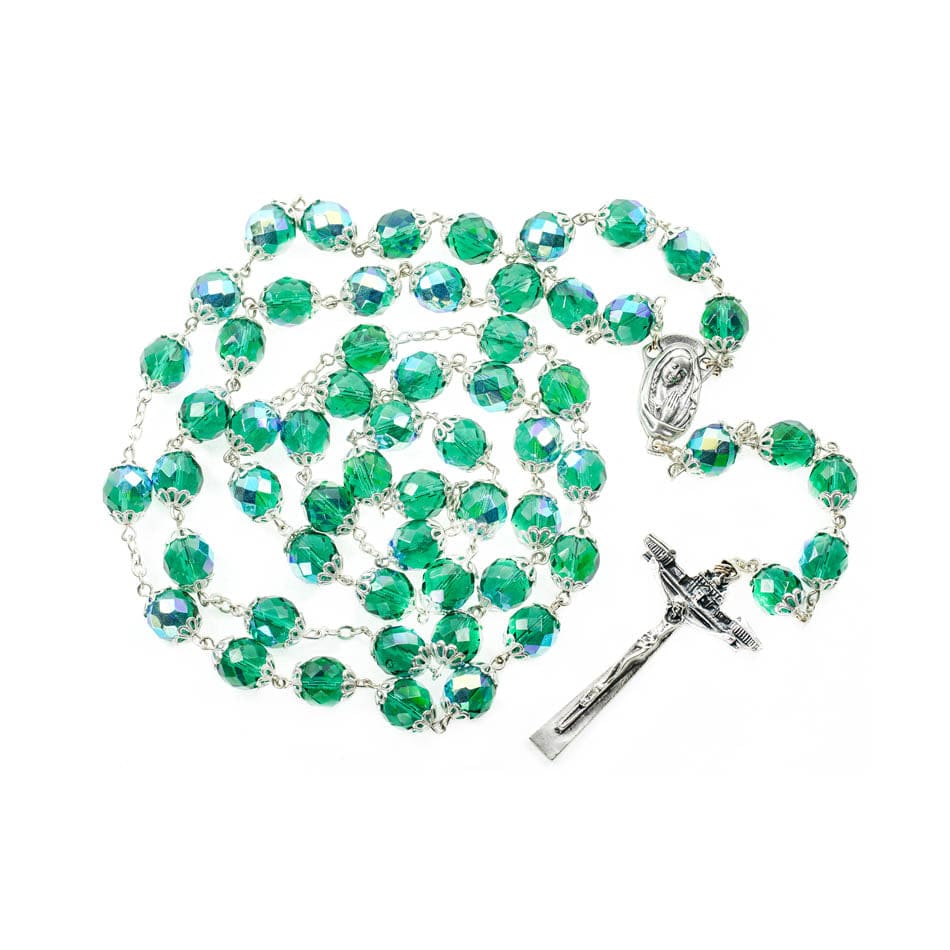 MONDO CATTOLICO Prayer Beads 10 mm (0.40 in) / 70 cm (27 in) Green Crystal Rosary with Saint Peter Cross 10 mm
