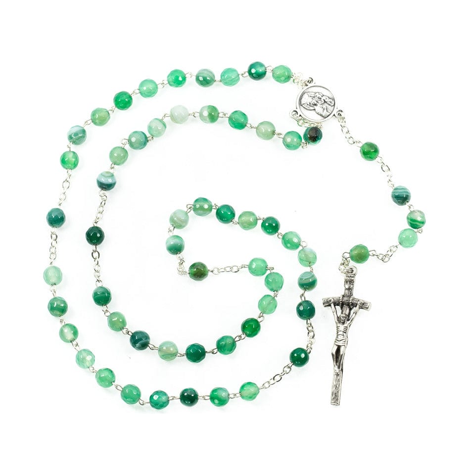 MONDO CATTOLICO Prayer Beads Green Faceted Brazilian  Agate Rosary with Pope John Paul II