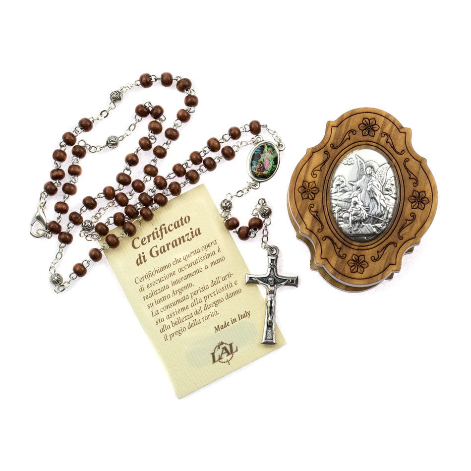MONDO CATTOLICO Prayer Beads Guardian Angel Keepsake Case in Olive Wood and Rosary