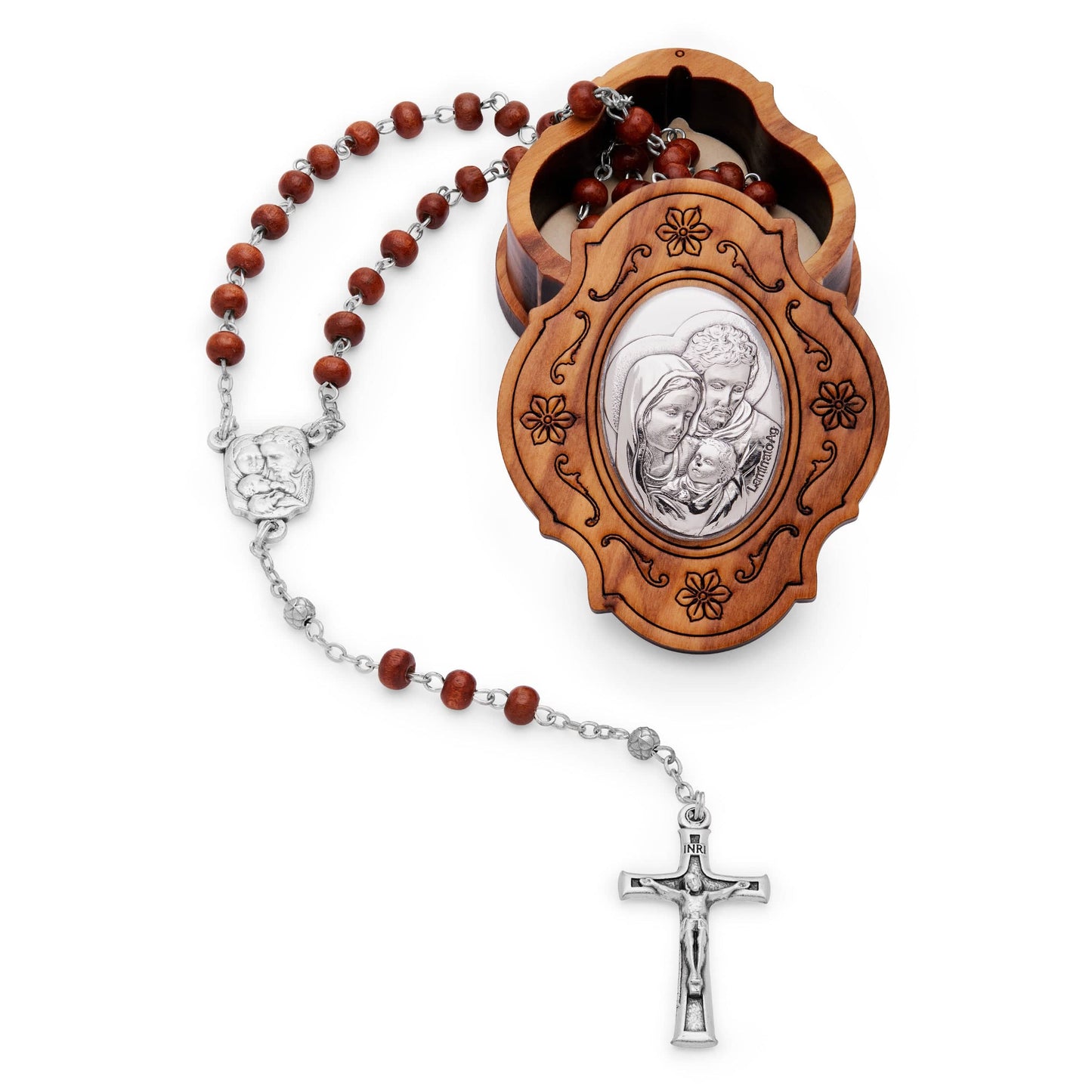 MONDO CATTOLICO Prayer Beads 38 cm (15 in) / 4 mm (0.15 in) Holy Family Keepsake Wooden Case and Rosary
